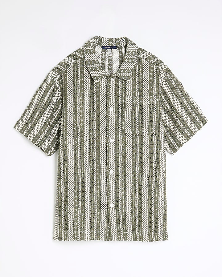 Khaki Regular Fit Striped Crochet Shirt