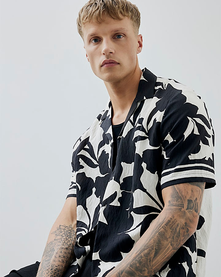 Black Regular Fit Floral Print Shirt