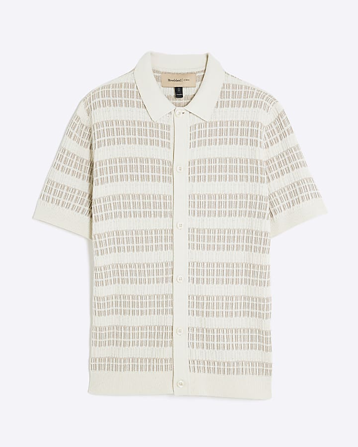 Cream Slim Fit Knitted Stripe Shirt