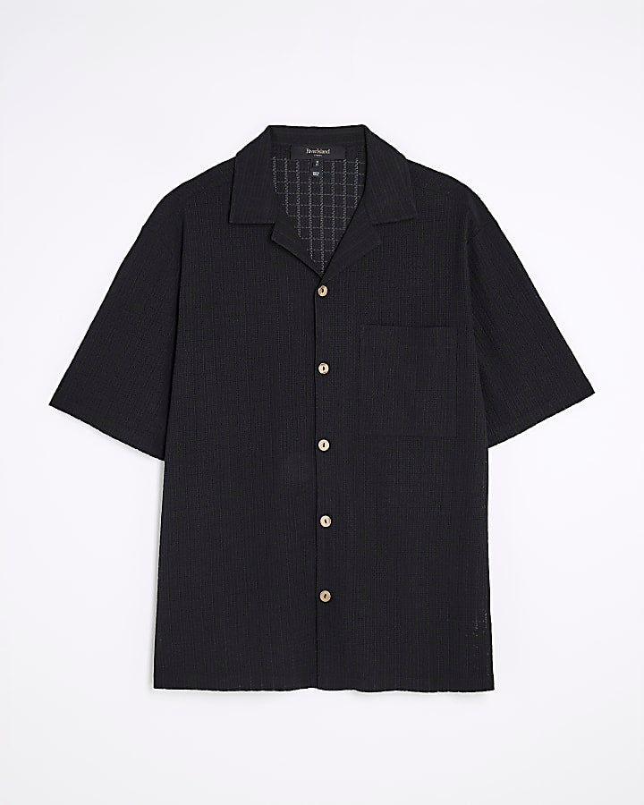 Black Regular Fit Grid Textured Revere Shirt