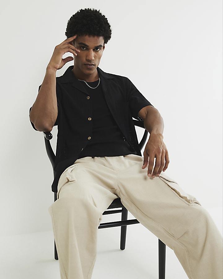 Black Regular Fit Grid Textured Revere Shirt