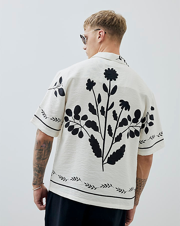 Cream Regular Fit Floral Border Shirt