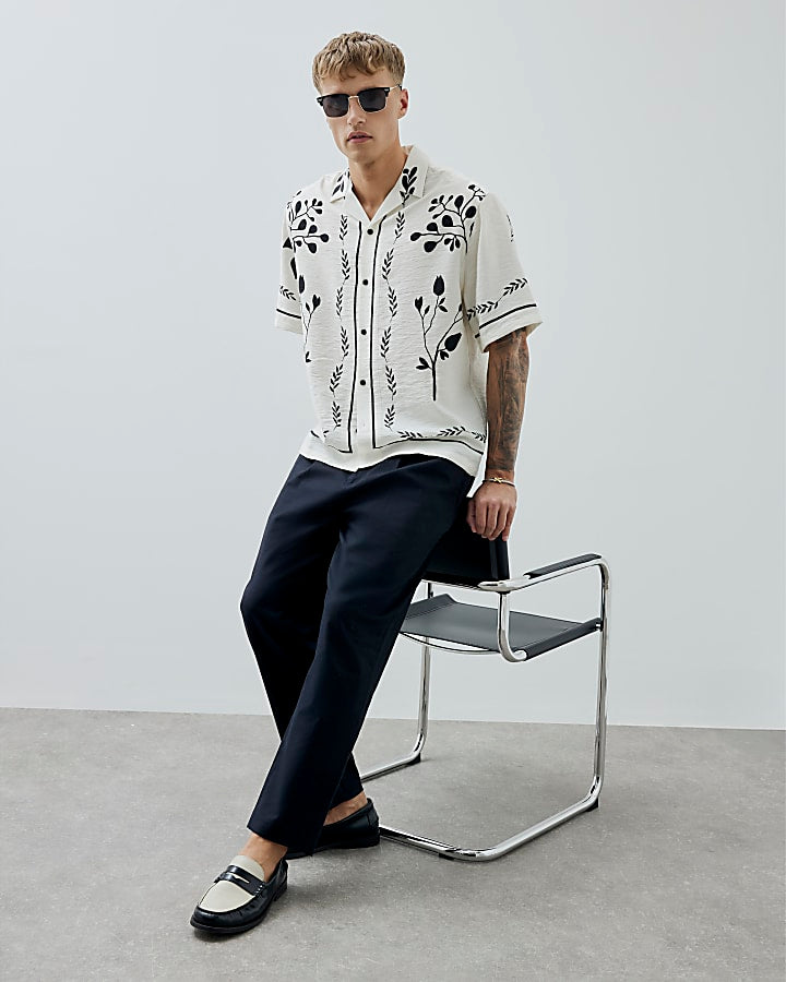 Cream Regular Fit Floral Border Shirt
