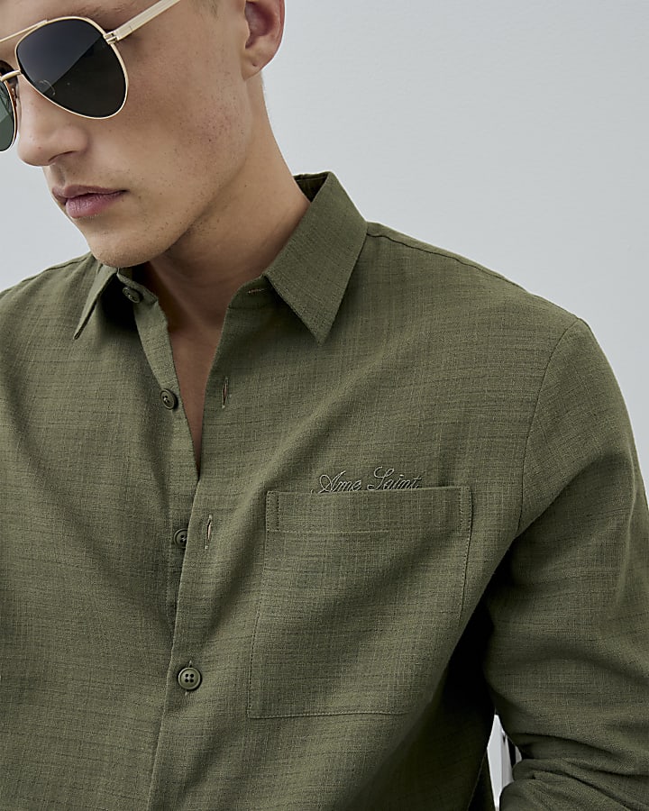 Khaki Regular Fit Linen Look Shirt