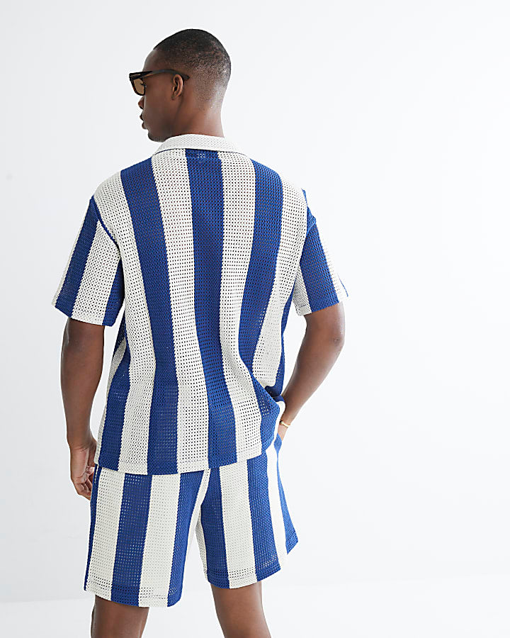 Blue Regular Fit Stripe Crochet Shirt