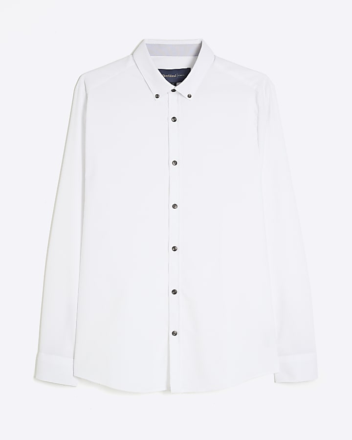 White Long Sleeve Textured Muscle Fit Shirt