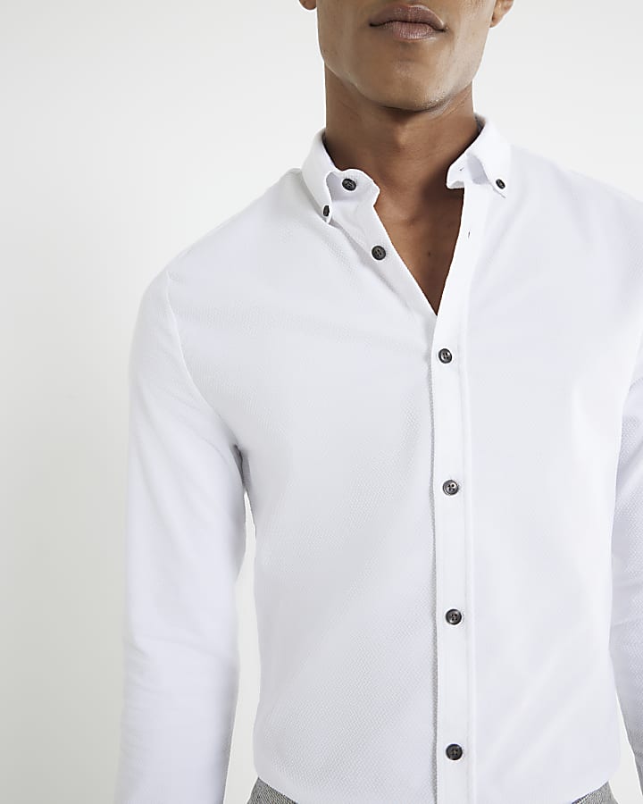 White Long Sleeve Textured Muscle Fit Shirt