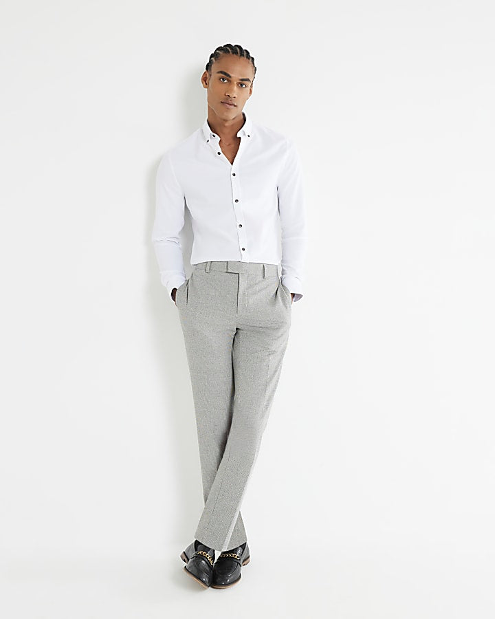 White Long Sleeve Textured Muscle Fit Shirt