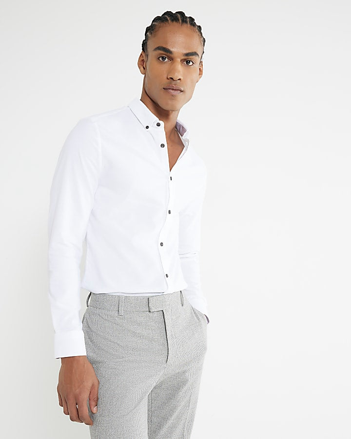 White Long Sleeve Textured Muscle Fit Shirt