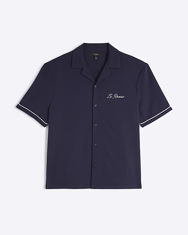 Navy Short Sleeve Embroidered Shirt