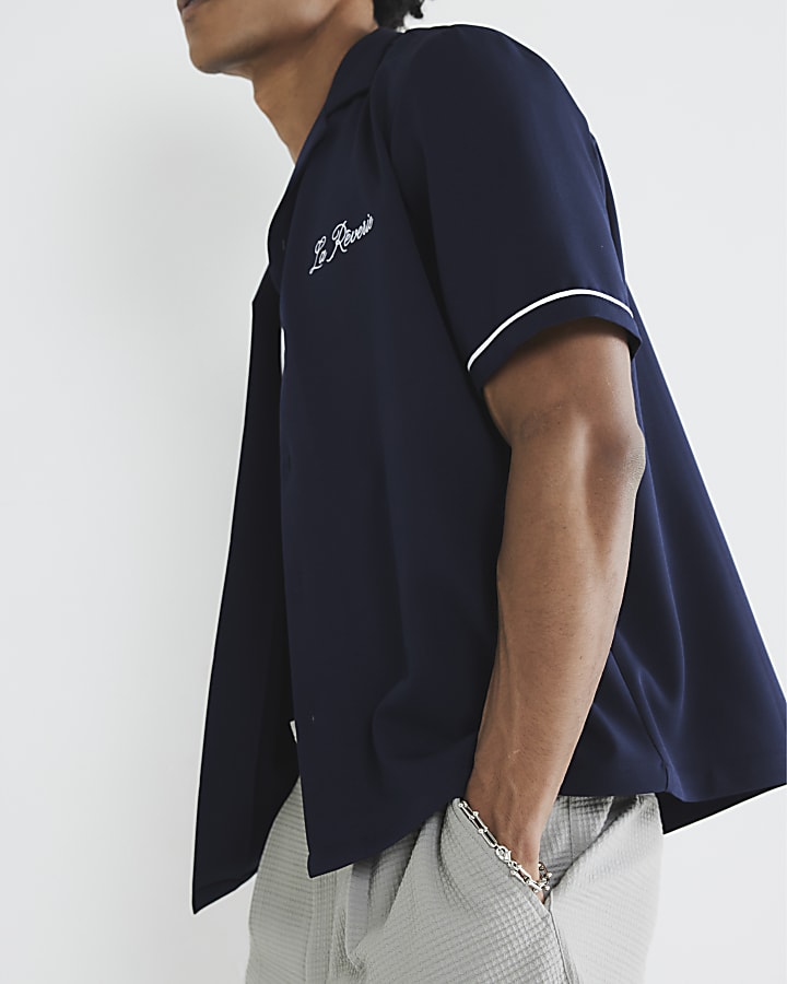 Navy Short Sleeve Embroidered Shirt