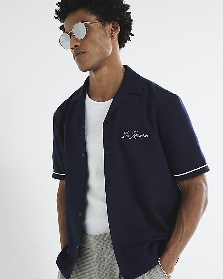 Navy Short Sleeve Embroidered Shirt