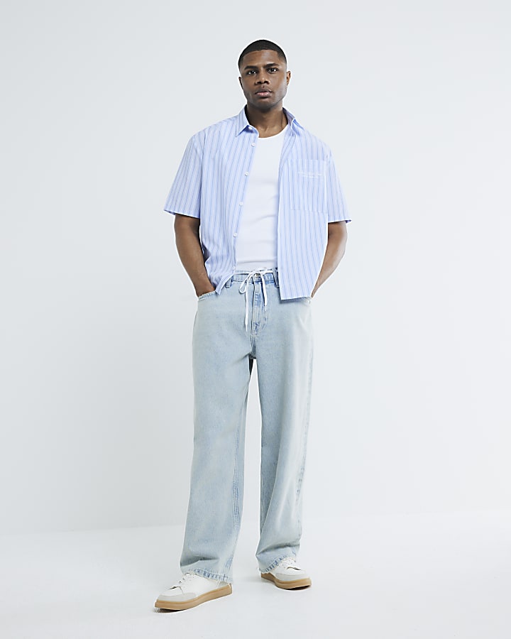 Blue Boxy Fit Short Sleeve Stripe Shirt
