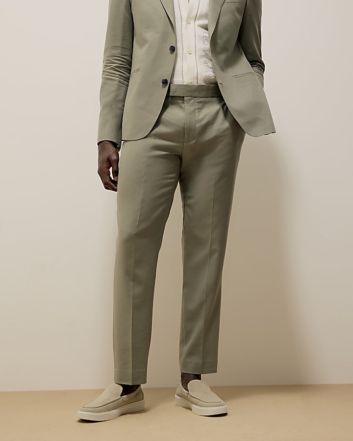 Green Slim Fit Linen Blend Suit Trousers