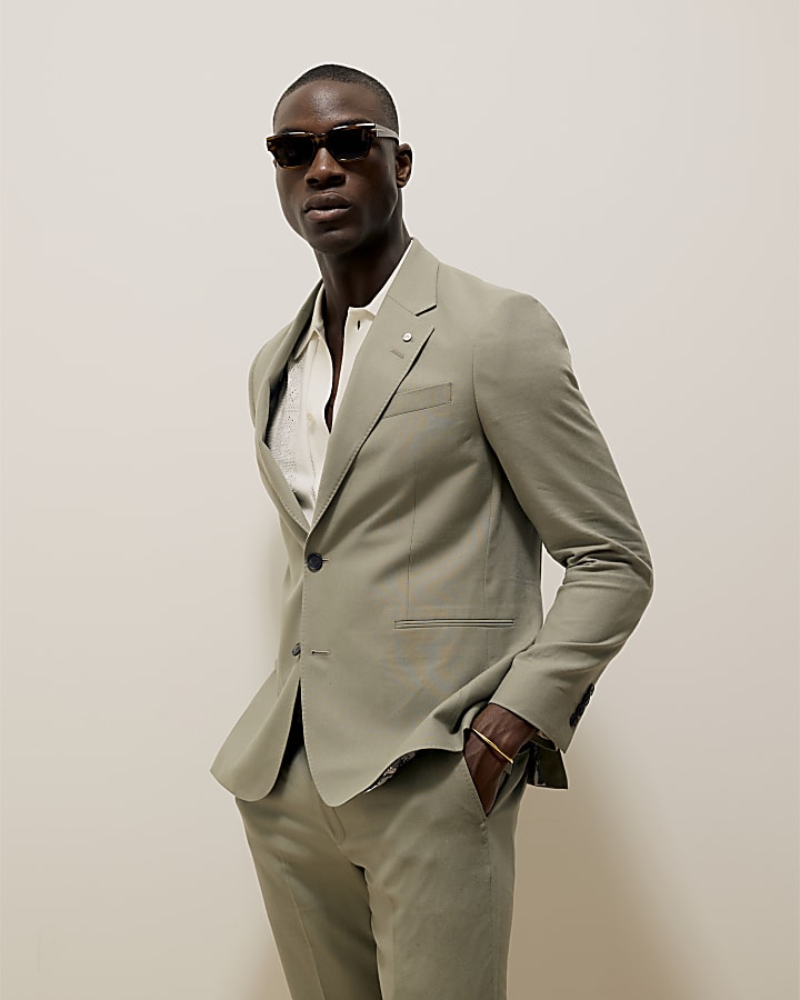 Green Slim Fit Linen Blend Suit Jacket
