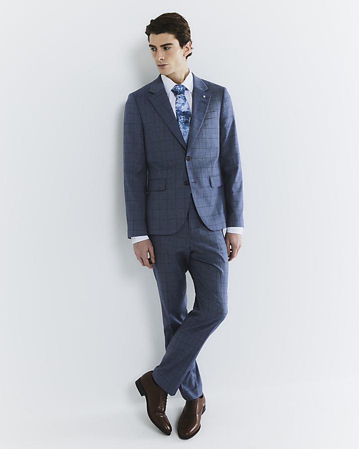 Blue Check Skinny Suit Trousers