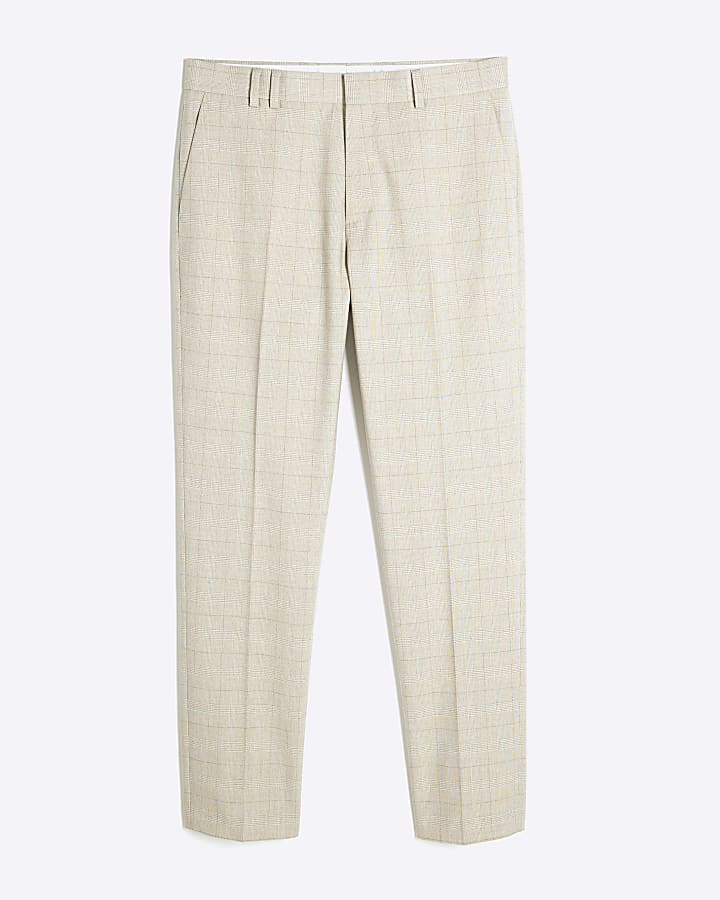 Beige Check Slim Suit Trousers