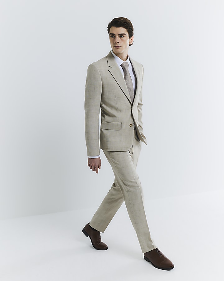 Beige Check Slim Suit Trousers