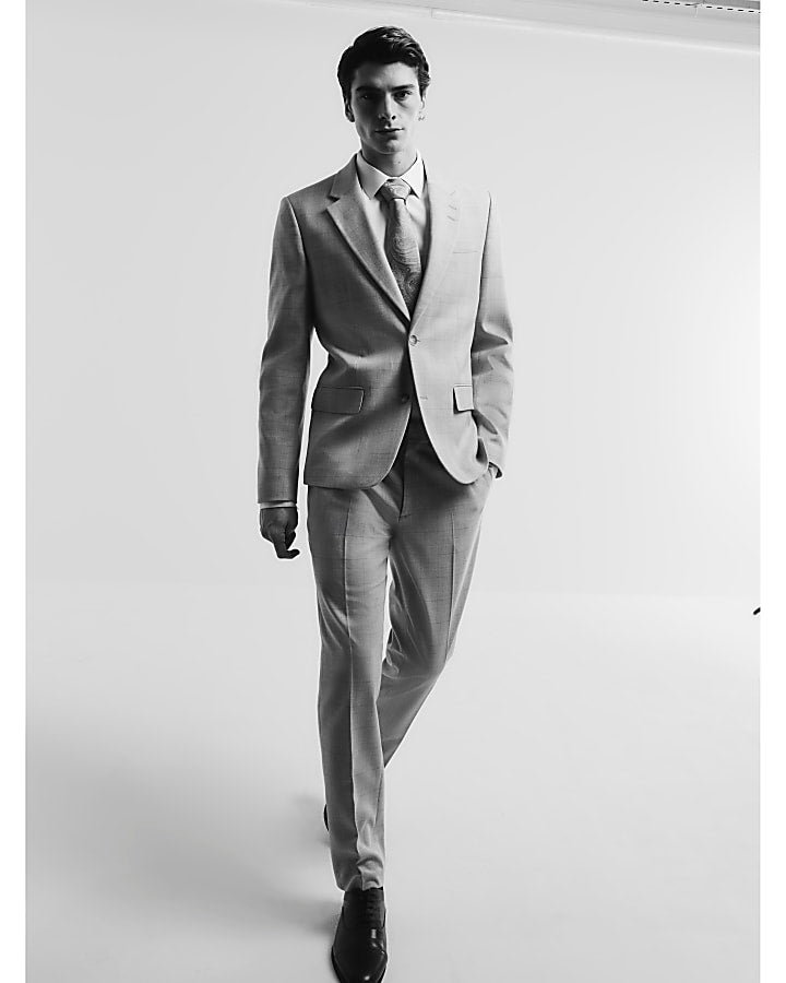 Beige Check Slim Suit Jacket