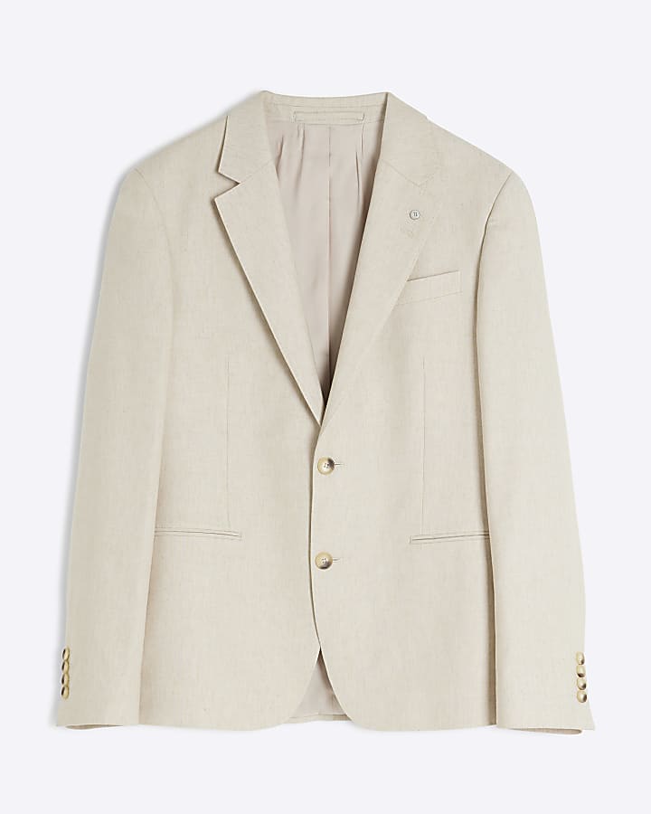 Cream Slim Fit Linen Blend Suit Jacket
