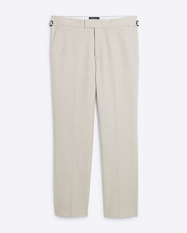 Cream Slim Fit Linen Blend Suit Trousers
