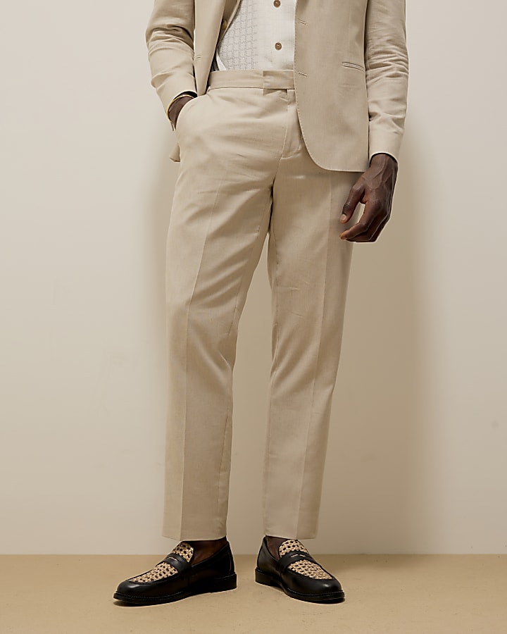 Cream Slim Fit Linen Blend Suit Trousers