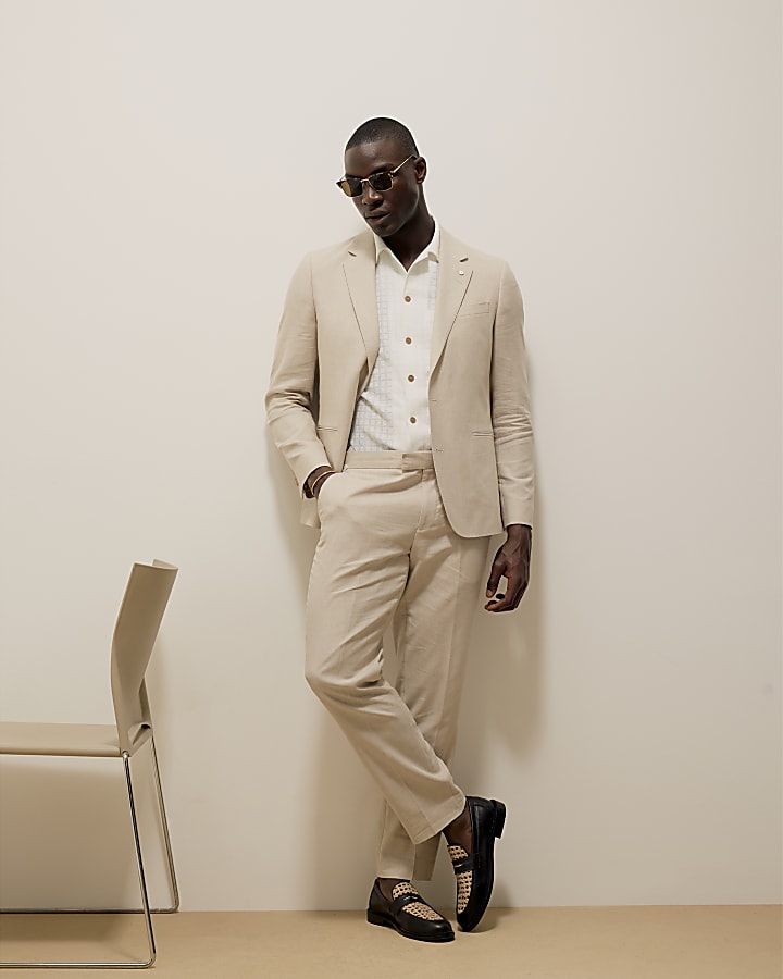 Cream Slim Fit Linen Blend Suit Trousers