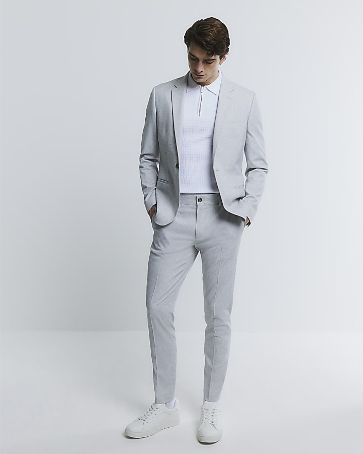 Grey Skinny Fit Textured Blazer Jacket