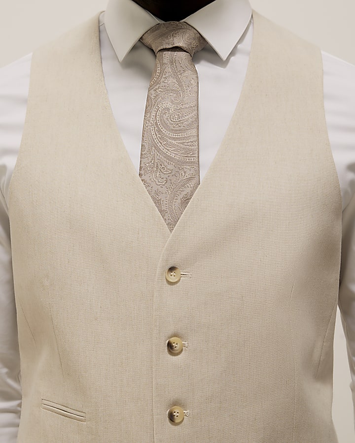 Cream Slim Fit Linen Blend Waistcoat