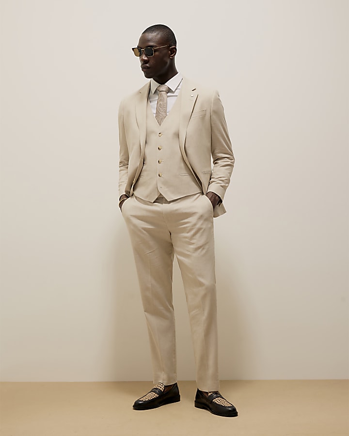 Cream Slim Fit Linen Blend Waistcoat