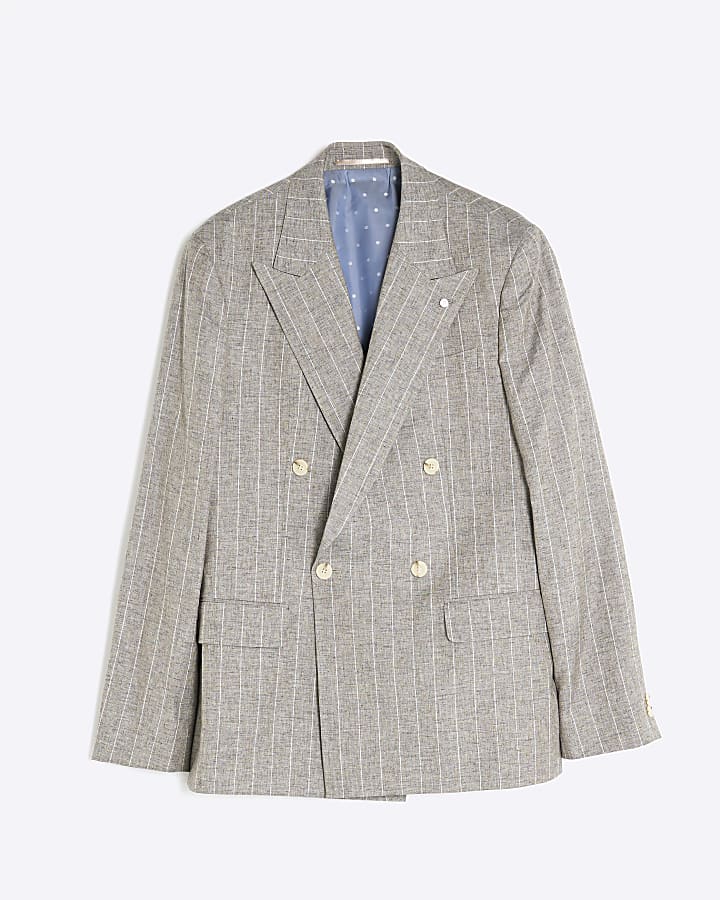 Grey Slim Fit Stripe Linen Blend Suit Jacket