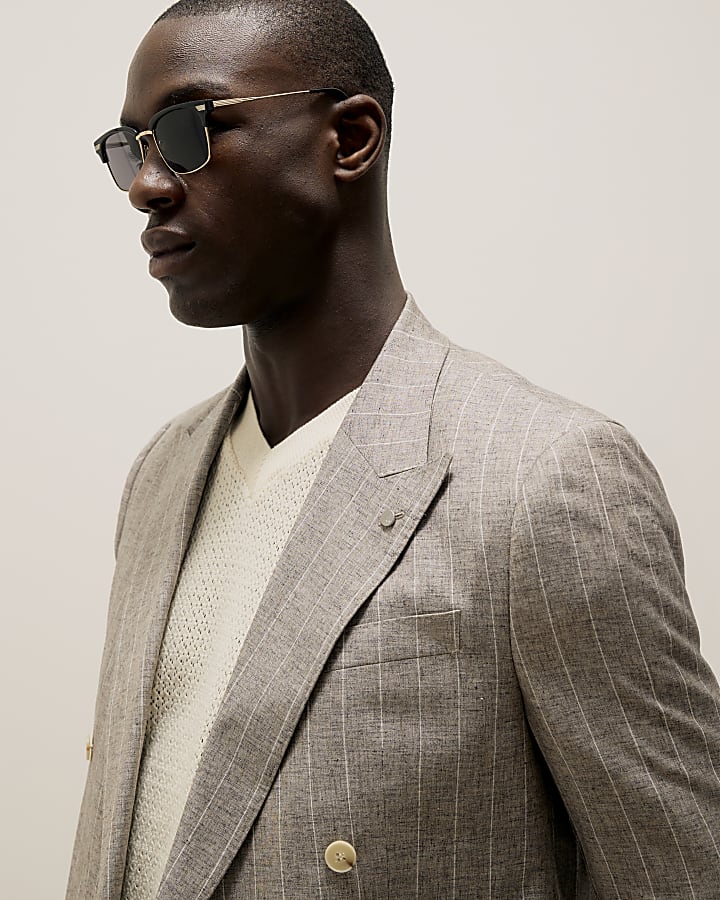 Grey Slim Fit Stripe Linen Blend Suit Jacket