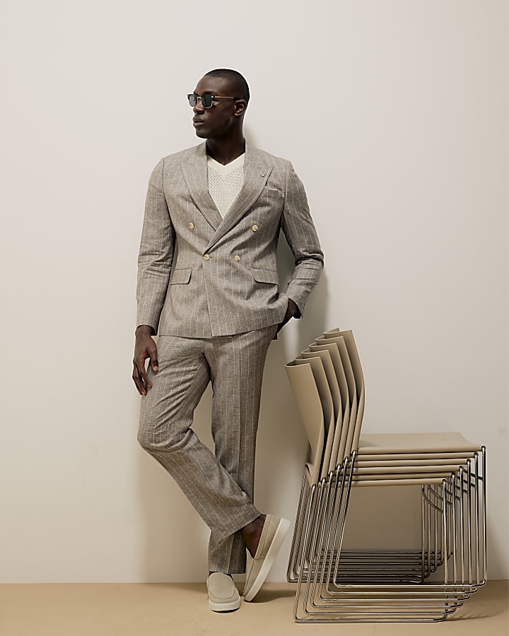 Grey Slim Fit Stripe Linen Blend Suit Jacket