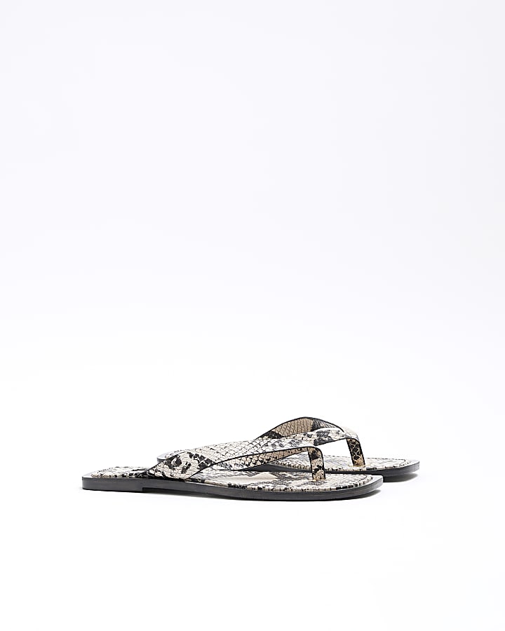 Beige Leather Snake Flip Flop Flat Sandals