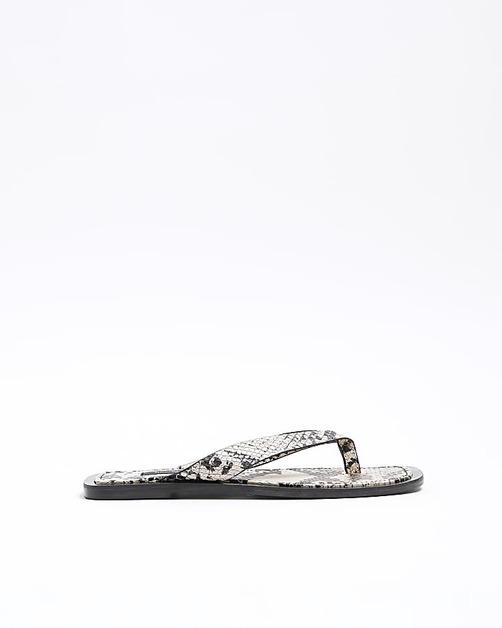 Beige Leather Snake Flip Flop Flat Sandals