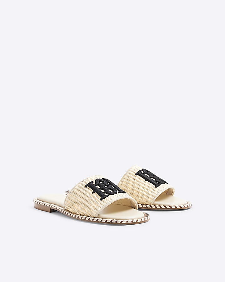 Beige Raffia Flat Sandals