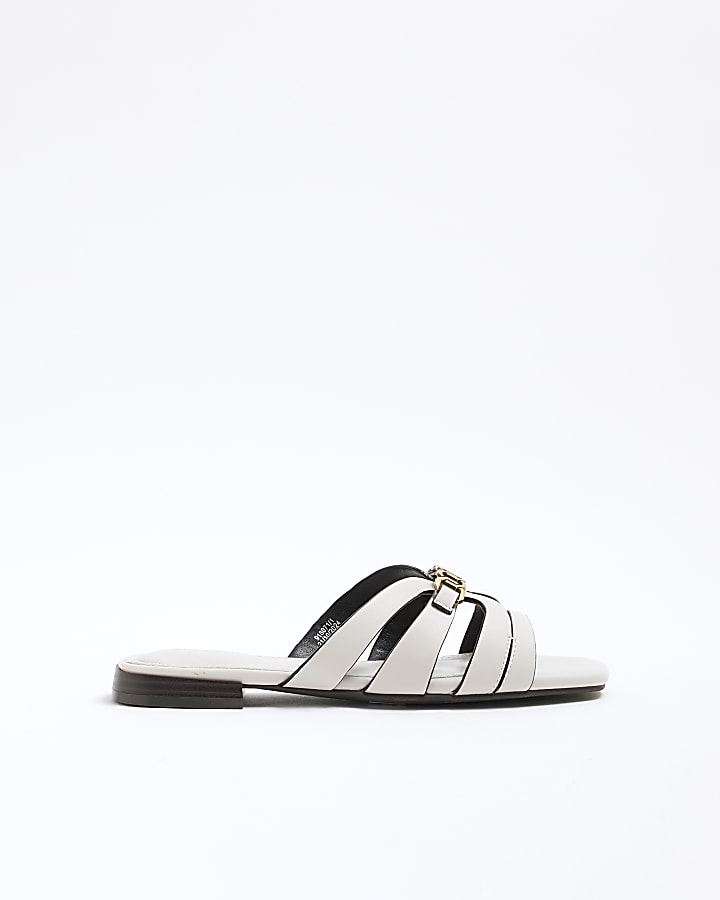 Cream Strappy Flat Mule Sandals