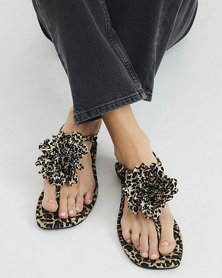 Brown Wide Fit Leopard Flower Flat Sandals