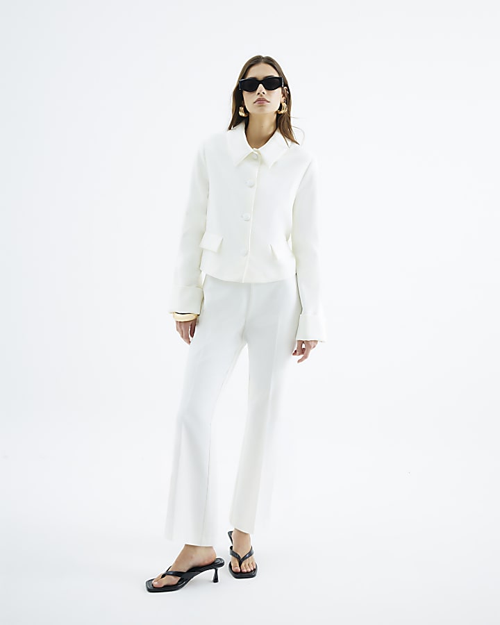 White Cropped Flare Trousers