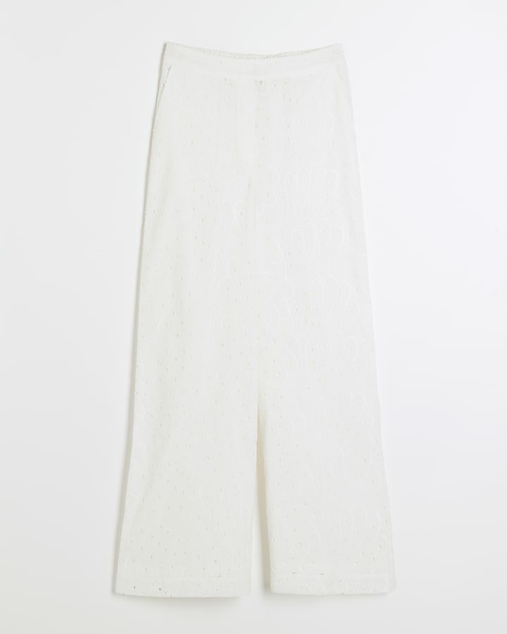White Broderie Wide Leg Trousers