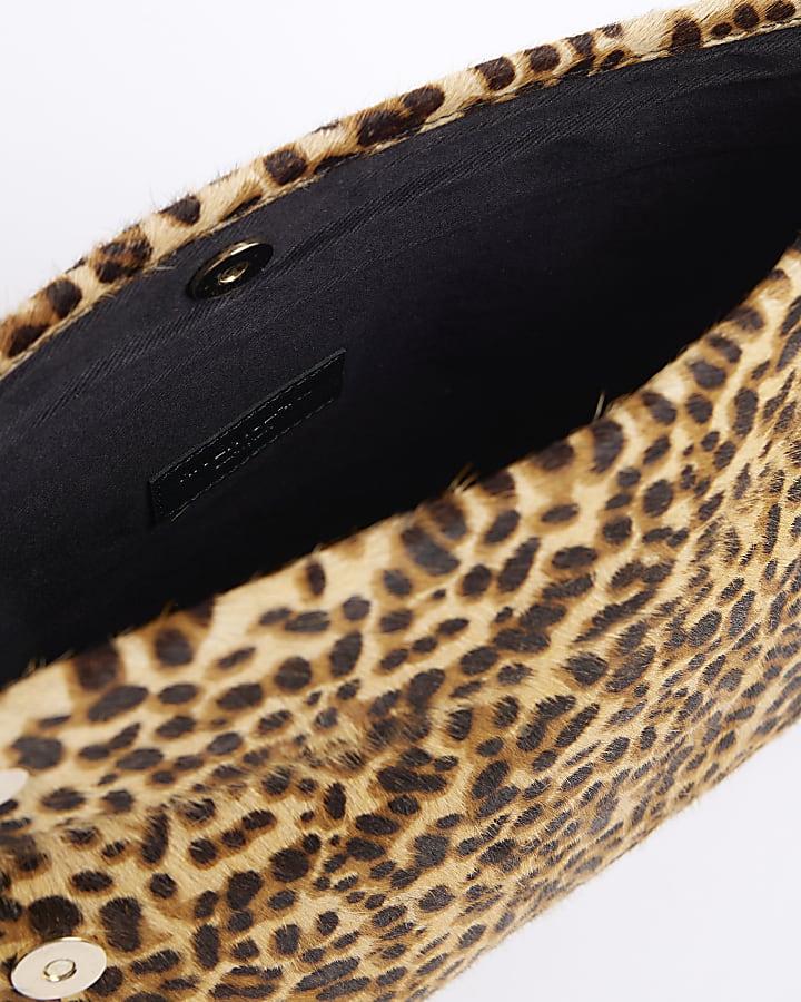 Brown Leopard Print Leather Clutch Bag