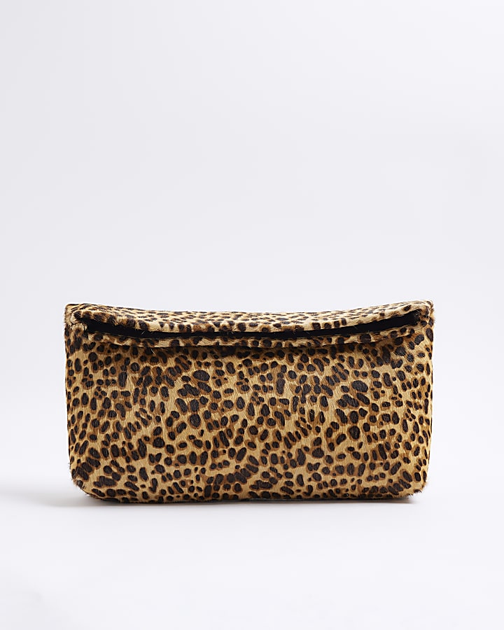 Brown Leopard Print Leather Clutch Bag