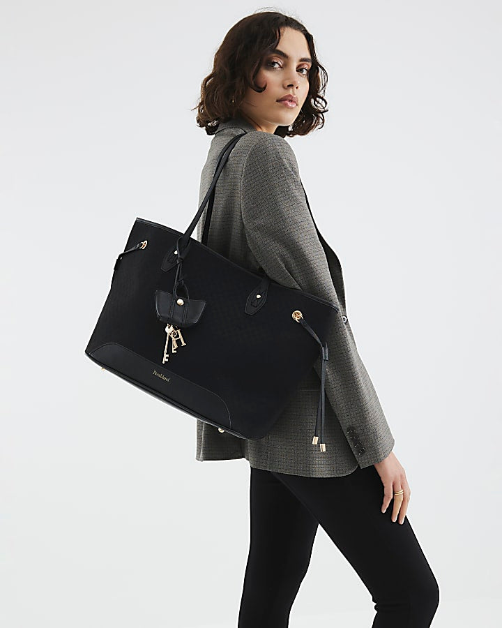 Black Jacquard Side Tie Shopper Bag