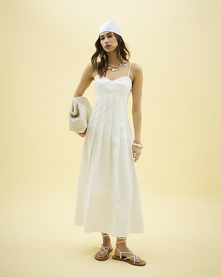 White Sleeveless Strappy Corset Midi Dress