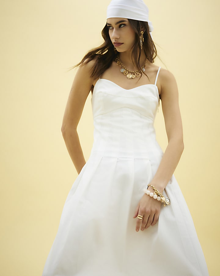 White Sleeveless Strappy Corset Midi Dress