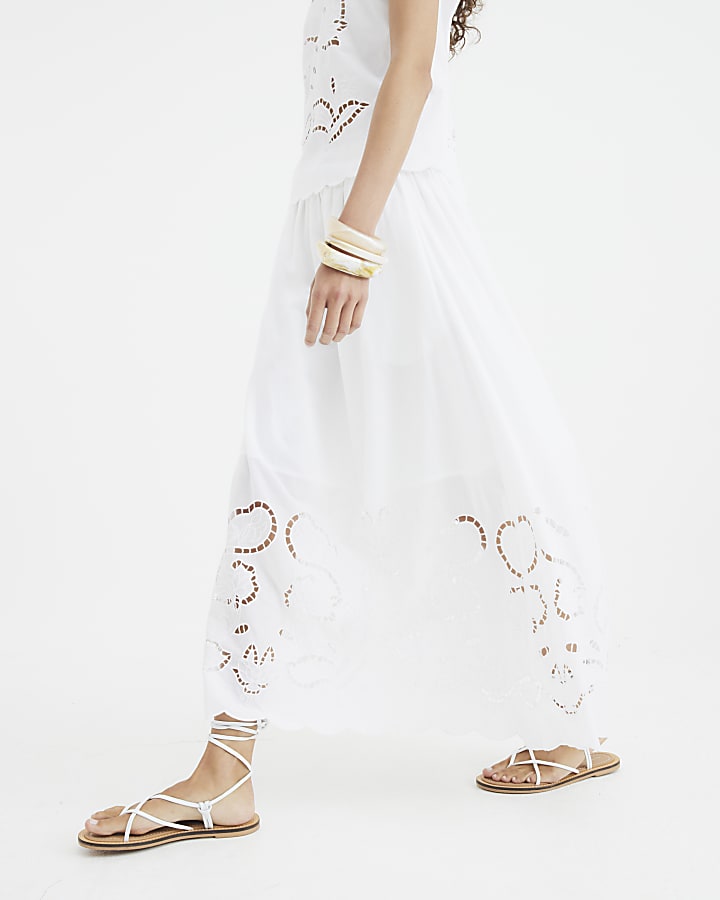 White Broderie Cutwork Maxi Skirt