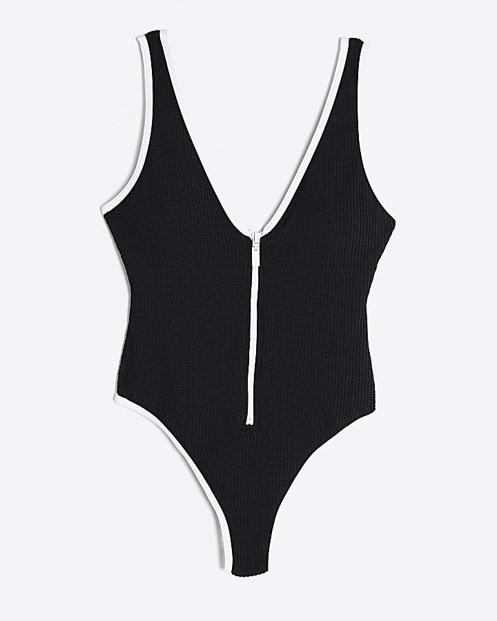 Petite Black Zip Textured Swimsuit