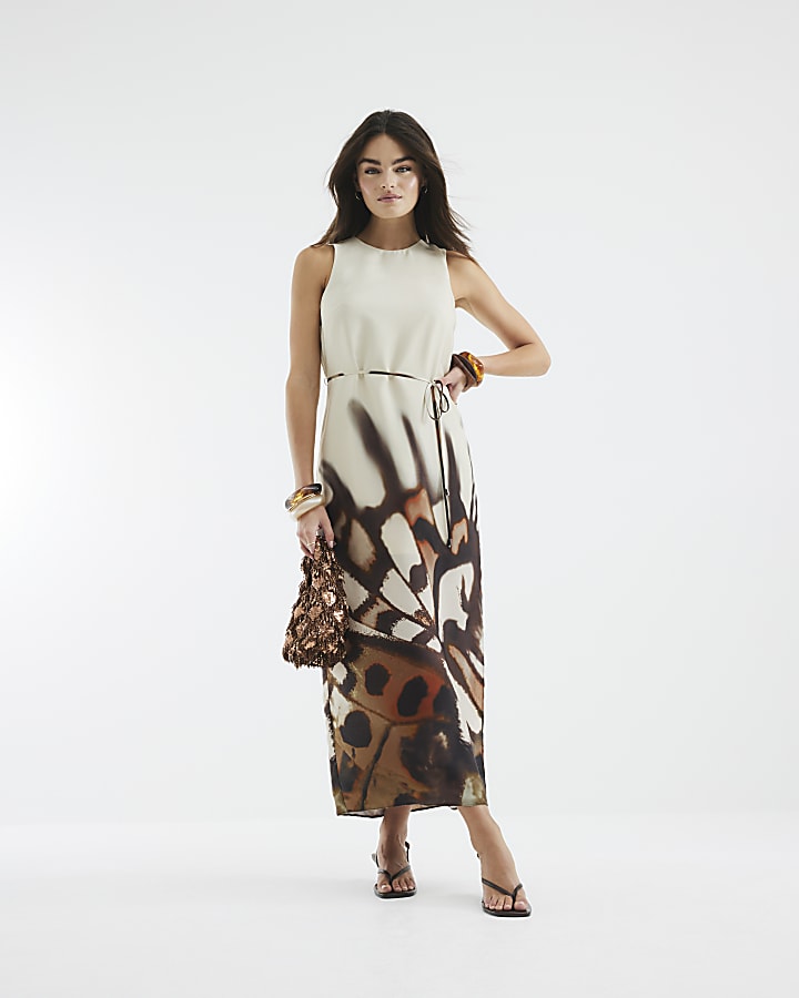 Cream Abstract Print Slip Midi Dress