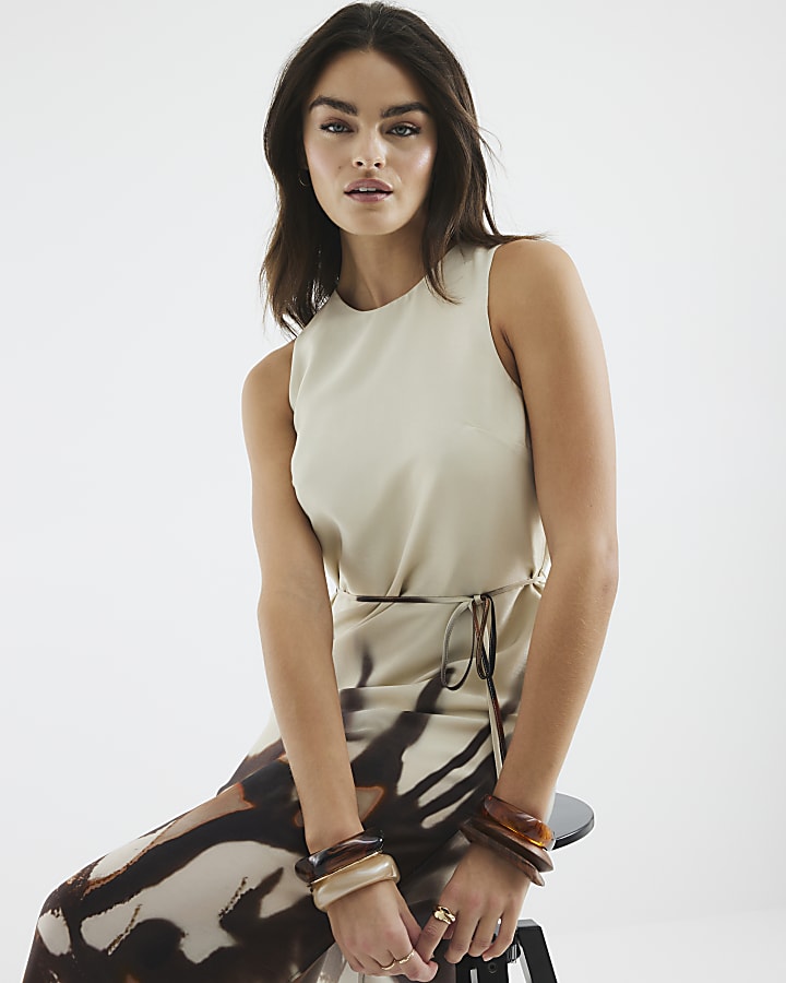 Cream Abstract Print Slip Midi Dress