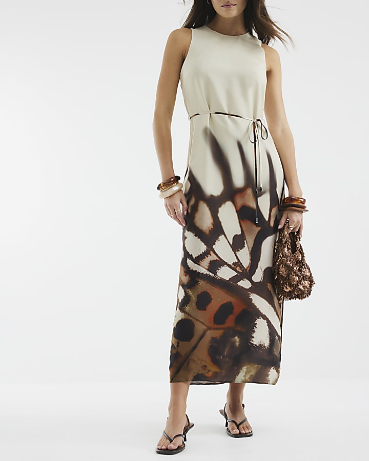 Cream Abstract Print Slip Midi Dress